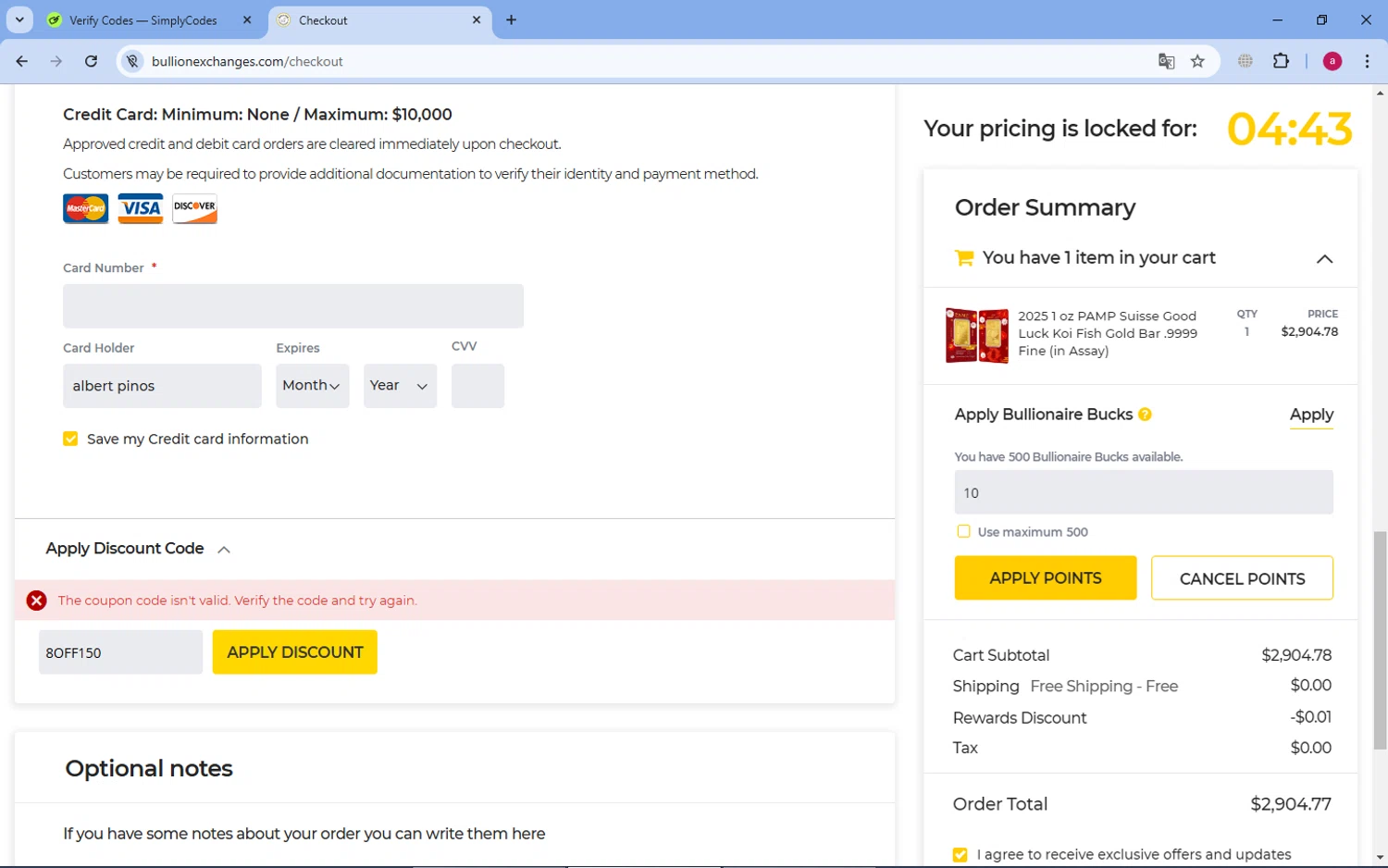 Bullion Exchanges discount code screenshot showing code 8OFF150 applied at Bullion Exchanges checkout page. Uploaded by SimplyCodes community member dororotk on Jan 22, 2025