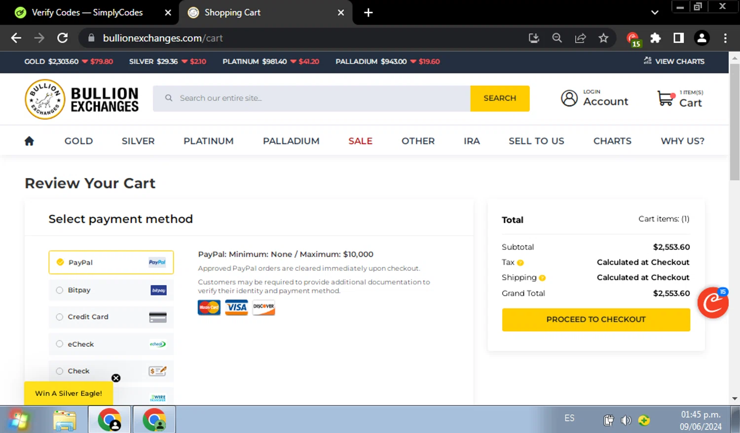 Bullion Exchanges checkout page showing Bullion Exchanges discount code box | Screenshot taken by SimplyCodes community member on Jun 9, 2024