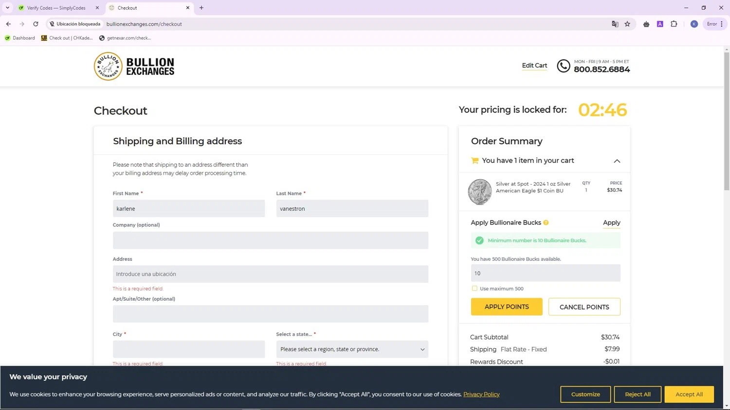 Bullion Exchanges checkout page showing Bullion Exchanges discount code box | Screenshot taken by SimplyCodes community member on Jun 13, 2024
