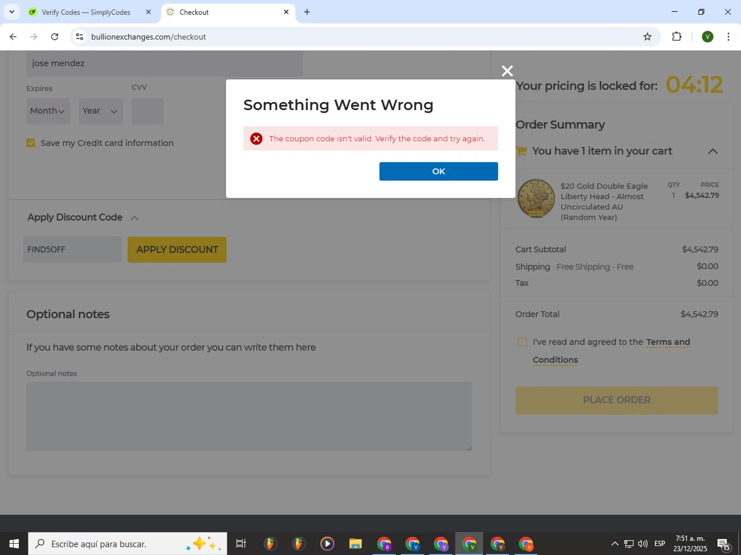 Bullion Exchanges discount code screenshot showing code FIND5OFF applied at Bullion Exchanges checkout page. Uploaded by SimplyCodes community member PrimeWizard4168 on Dec 23, 2025