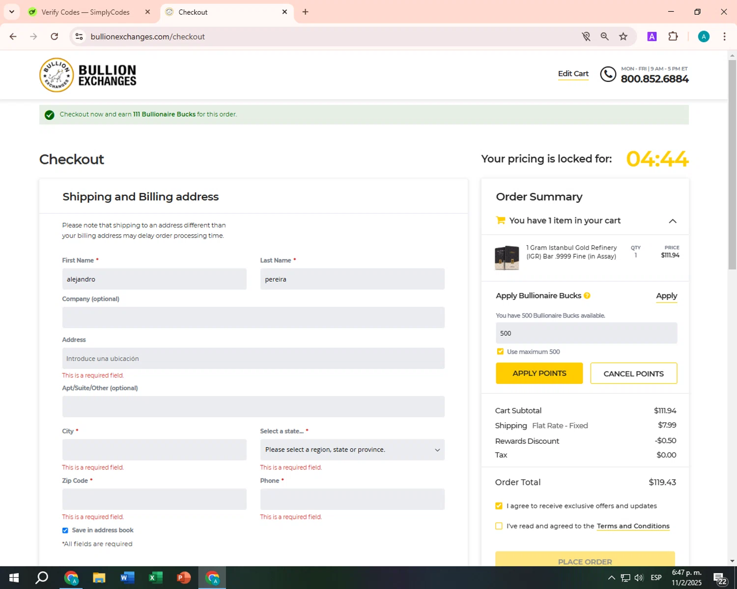 Bullion Exchanges checkout page showing Bullion Exchanges discount code box | Screenshot taken by SimplyCodes community member on Feb 11, 2025