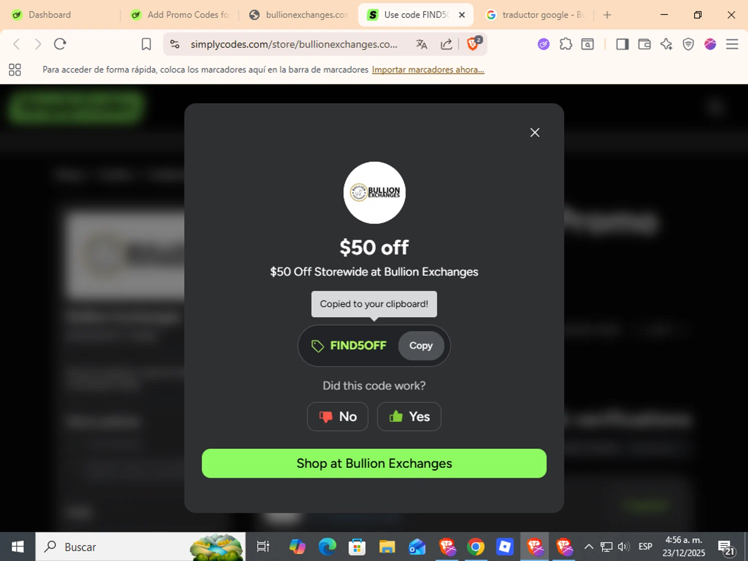 Bullion Exchanges discount code screenshot showing code FIND5OFF applied at Bullion Exchanges checkout page. Uploaded by SimplyCodes community member ANDREWW on Dec 23, 2025