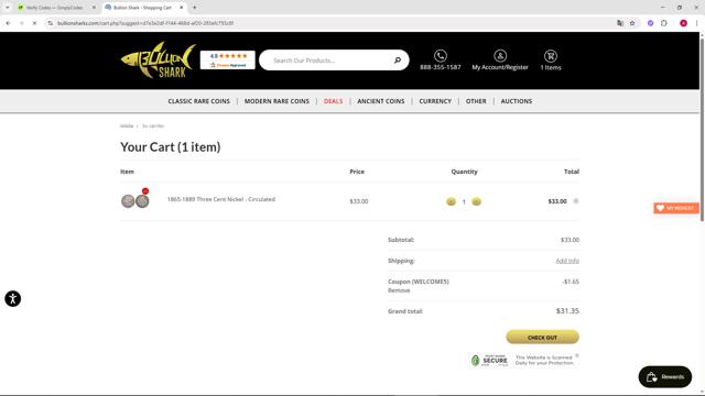 Bullion Shark checkout page showing Bullion Shark coupon code box | Screenshot taken by SimplyCodes community member on Jul 22, 2025