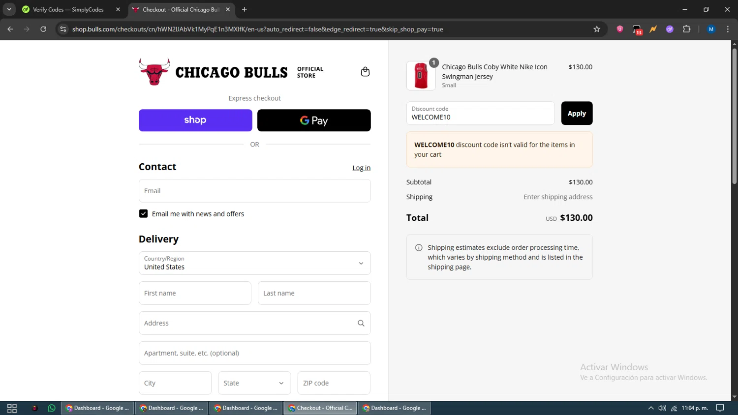 Chicago Bulls Store discount code screenshot showing code WELCOME10 applied at Chicago Bulls Store checkout page. Uploaded by SimplyCodes community member EpicVoyager2820 on Sep 9, 2025