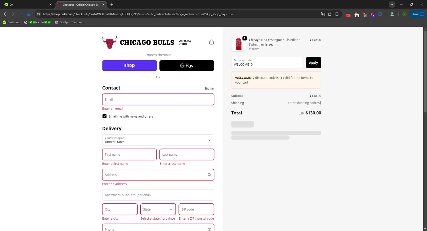 Chicago Bulls Store discount code screenshot showing code WELCOME10 applied at Chicago Bulls Store checkout page. Uploaded by SimplyCodes community member FortunateWizard717 on Sep 30, 2025