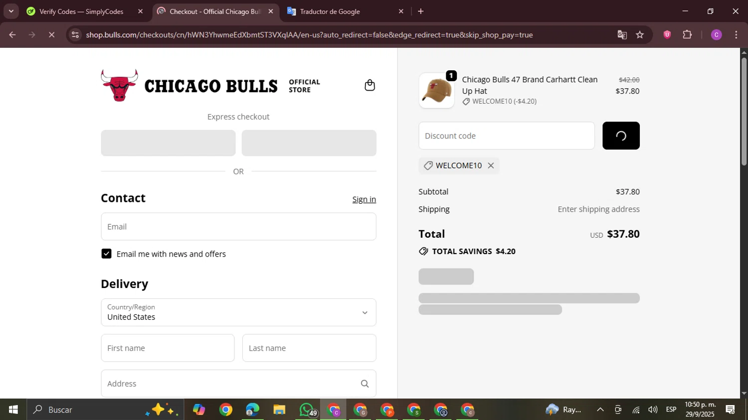 Chicago Bulls Store discount code screenshot showing code WELCOME10 applied at Chicago Bulls Store checkout page. Uploaded by SimplyCodes community member FrugalPro5078 on Sep 30, 2025