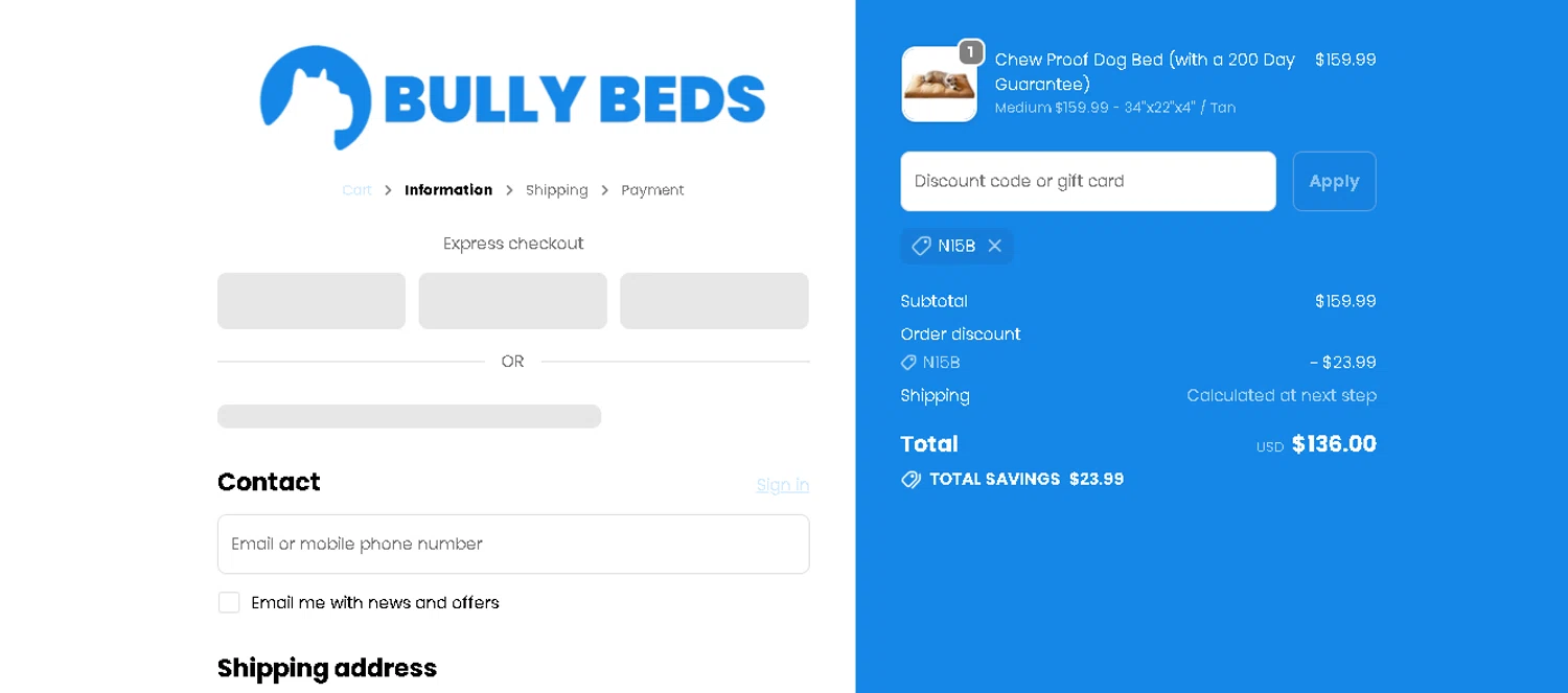 Bully Beds promo code screenshot showing code N15B applied at Bully Beds checkout page. Uploaded by SimplyCodes community member BLUEBLASTOISE on Jan 12, 2026