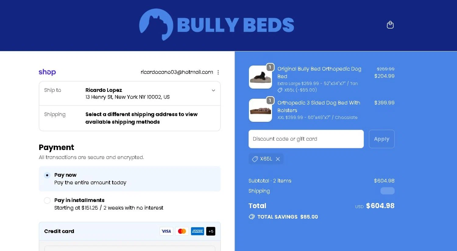 Bully Beds promo code screenshot showing code X65L applied at Bully Beds checkout page. Uploaded by SimplyCodes community member LAMINEJAMAL on Jun 4, 2026