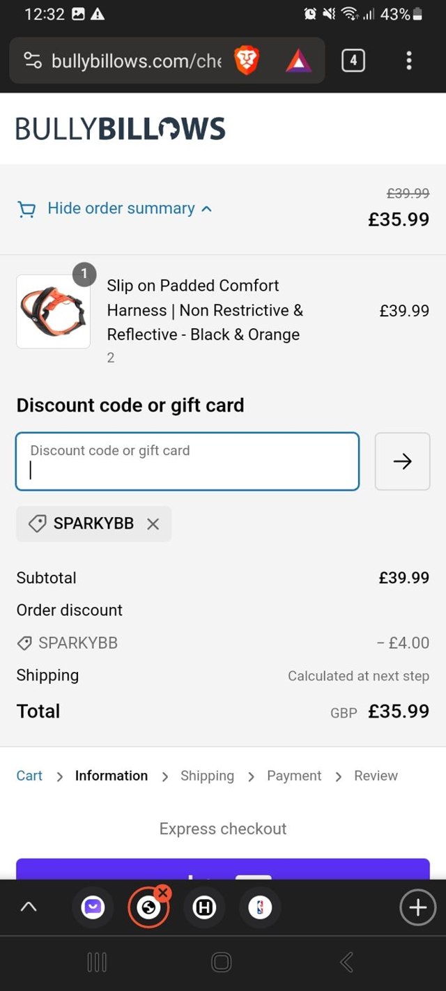 BullyBillows checkout page showing BullyBillows discount code box | Screenshot taken by SimplyCodes community member on Oct 17, 2023