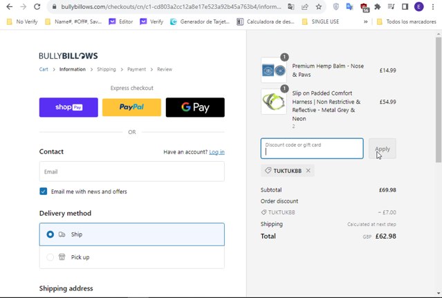 BullyBillows checkout page showing BullyBillows discount code box | Screenshot taken by SimplyCodes community member on Oct 17, 2023