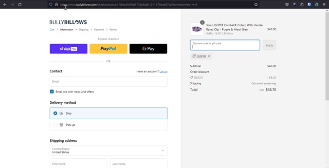 BullyBillows checkout page showing BullyBillows discount code box | Screenshot taken by SimplyCodes community member on Nov 15, 2023