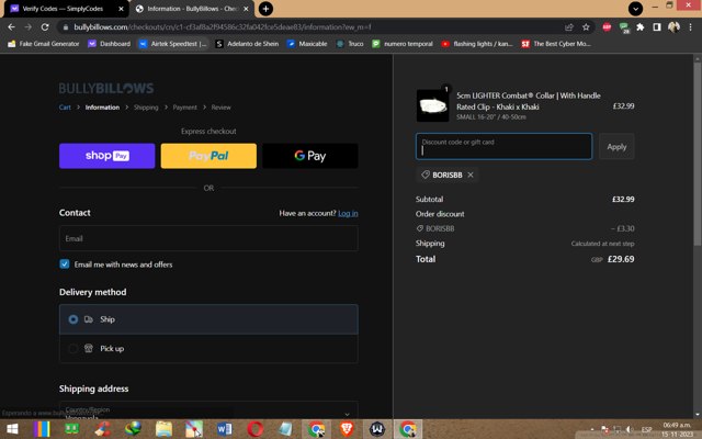 BullyBillows checkout page showing BullyBillows discount code box | Screenshot taken by SimplyCodes community member on Nov 15, 2023