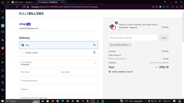 BullyBillows checkout page showing BullyBillows discount code box | Screenshot taken by SimplyCodes community member on Jun 28, 2024