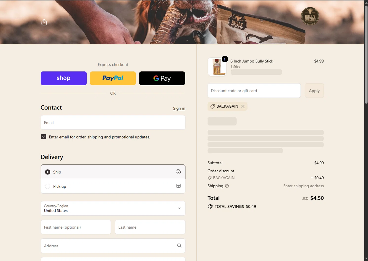 Bully Bunches discount code screenshot showing code BACKAGAIN applied at Bully Bunches checkout page. Uploaded by SimplyCodes community member MagnificentFalcon188 on Nov 15, 2025