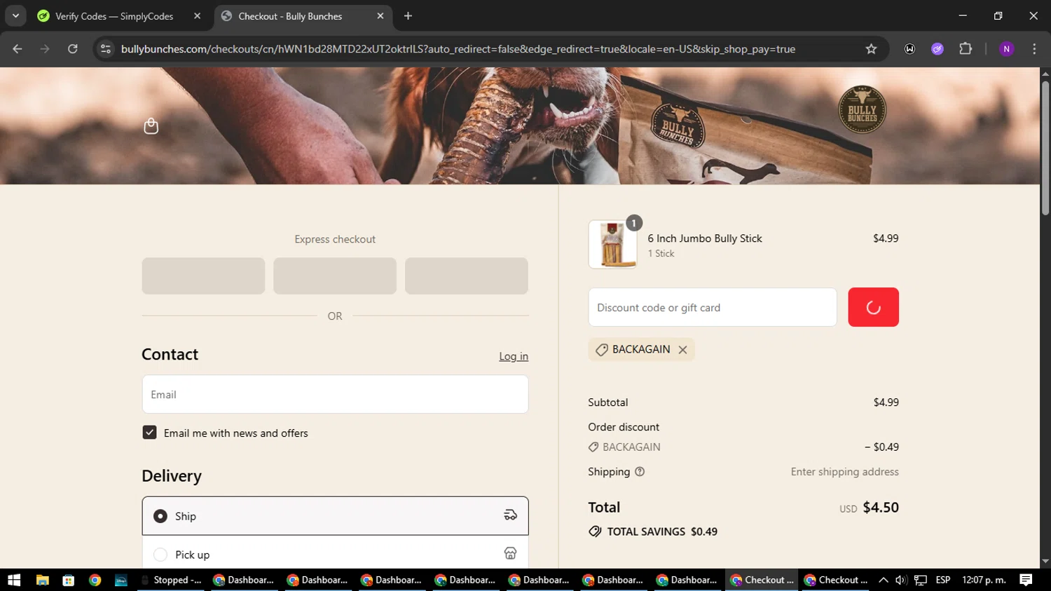 Bully Bunches discount code screenshot showing code BACKAGAIN applied at Bully Bunches checkout page. Uploaded by SimplyCodes community member NATAAAAAANAELCANO on Aug 9, 2025