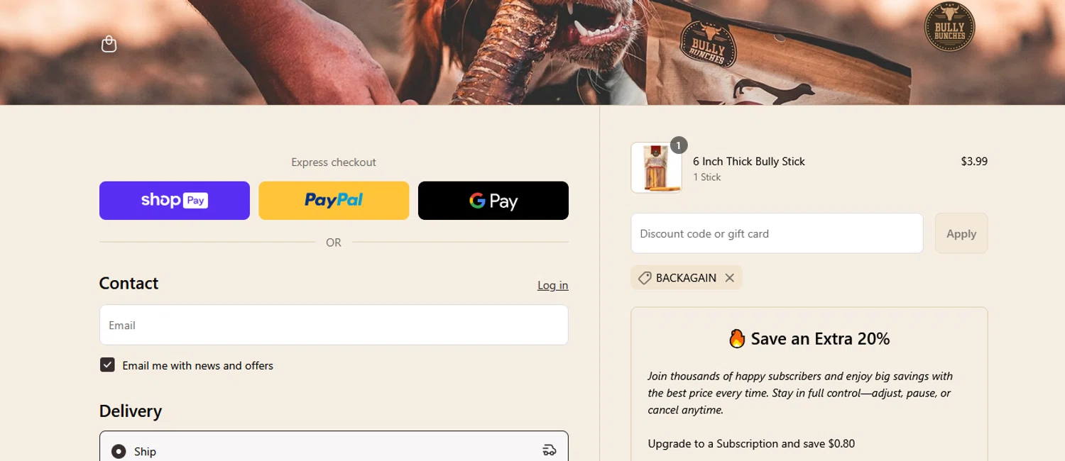 Bully Bunches discount code screenshot showing code BACKAGAIN applied at Bully Bunches checkout page. Uploaded by SimplyCodes community member BLUEBLASTOISE on Jun 16, 2025