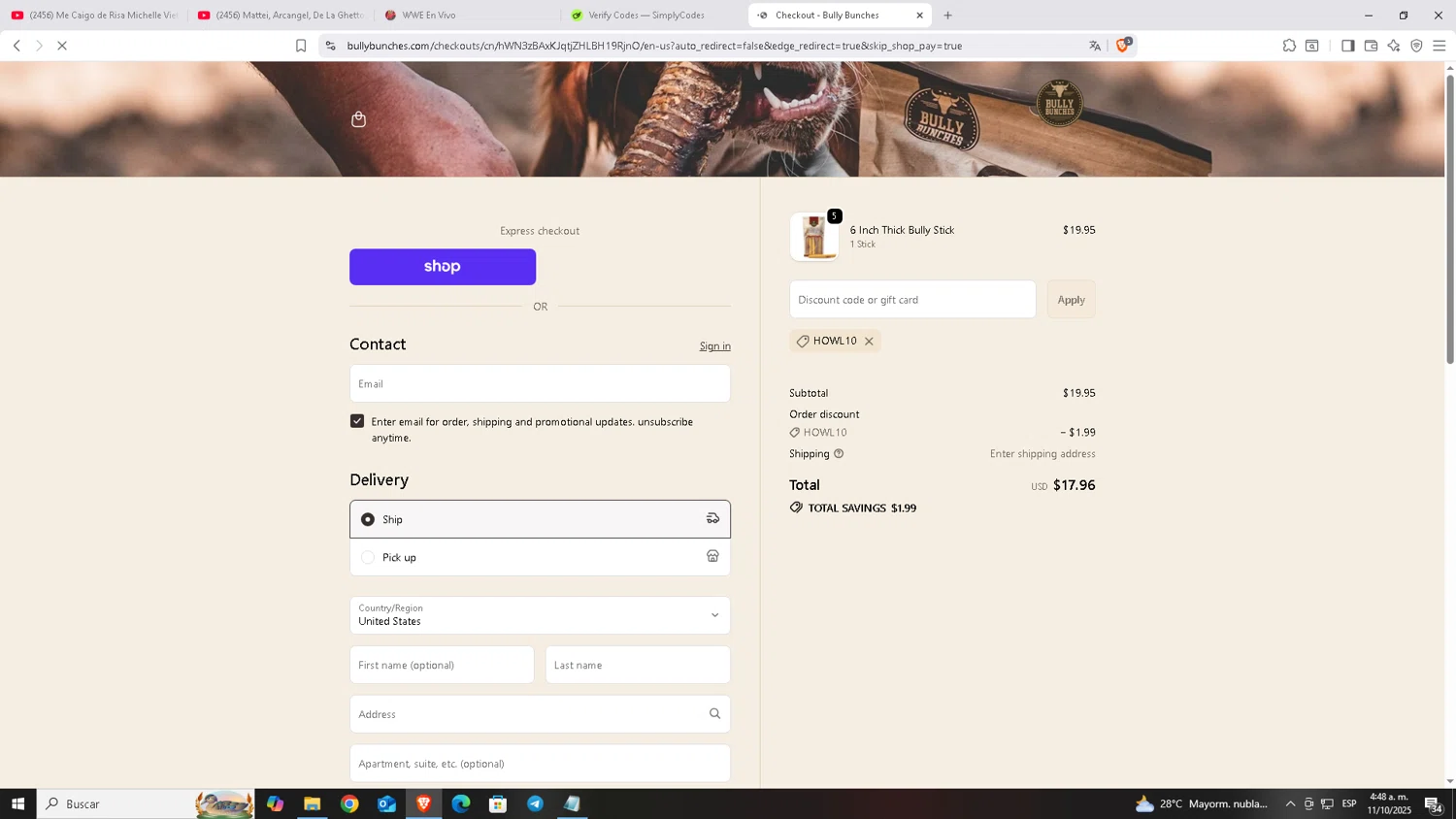 Bully Bunches discount code screenshot showing code HOWL10 applied at Bully Bunches checkout page. Uploaded by SimplyCodes community member Carloscoder_900457733 on Oct 11, 2025