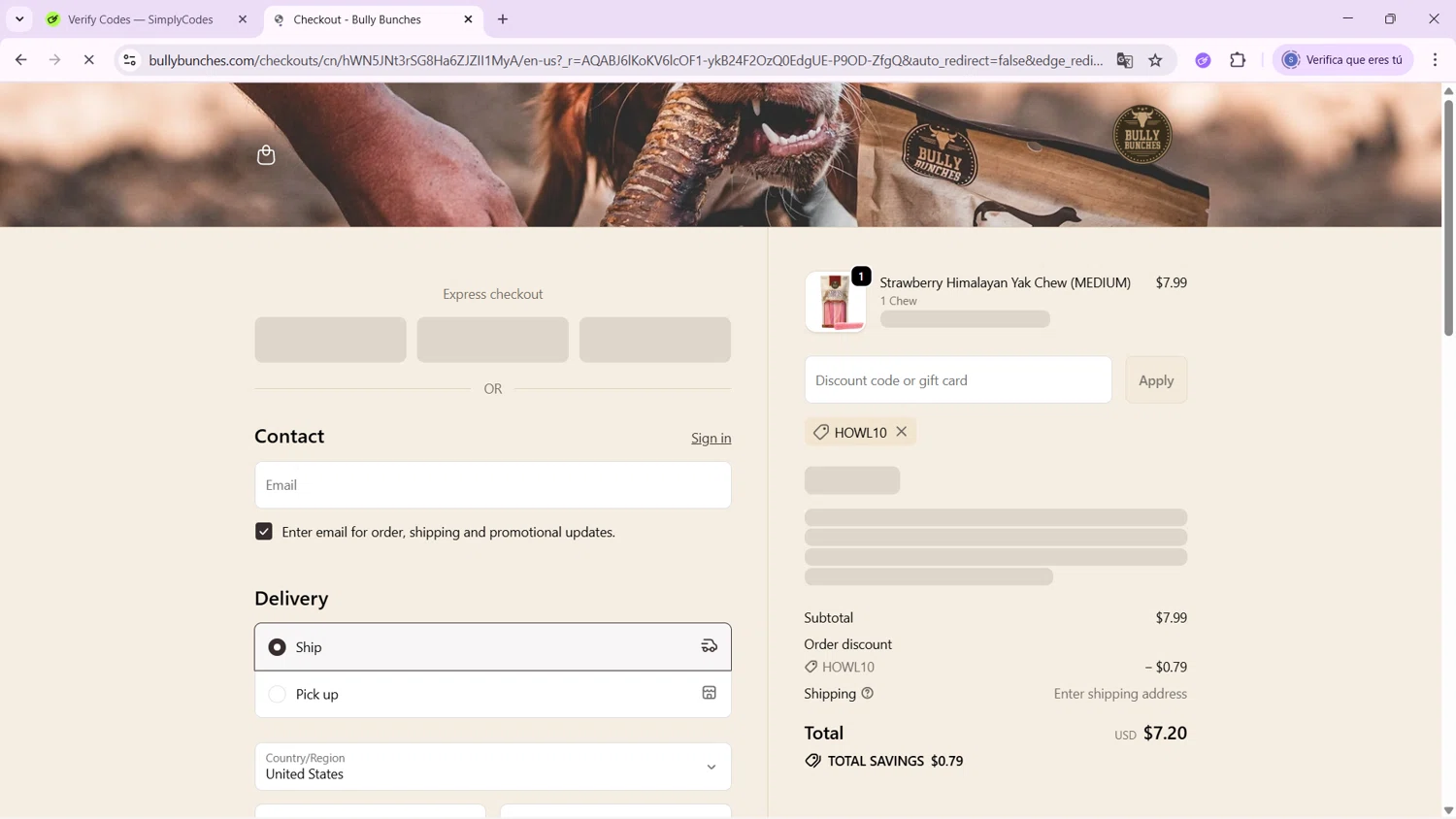 Bully Bunches discount code screenshot showing code HOWL10 applied at Bully Bunches checkout page. Uploaded by SimplyCodes community member ExtraordinaryWhiz4519 on Nov 15, 2025