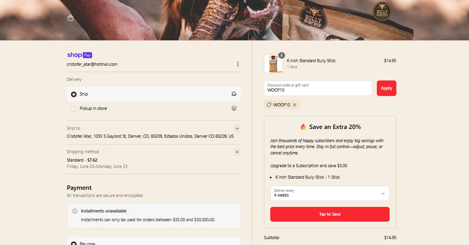 Bully Bunches discount code screenshot showing code WOOF10 applied at Bully Bunches checkout page. Uploaded by SimplyCodes community member DavidMGF on Jun 16, 2025