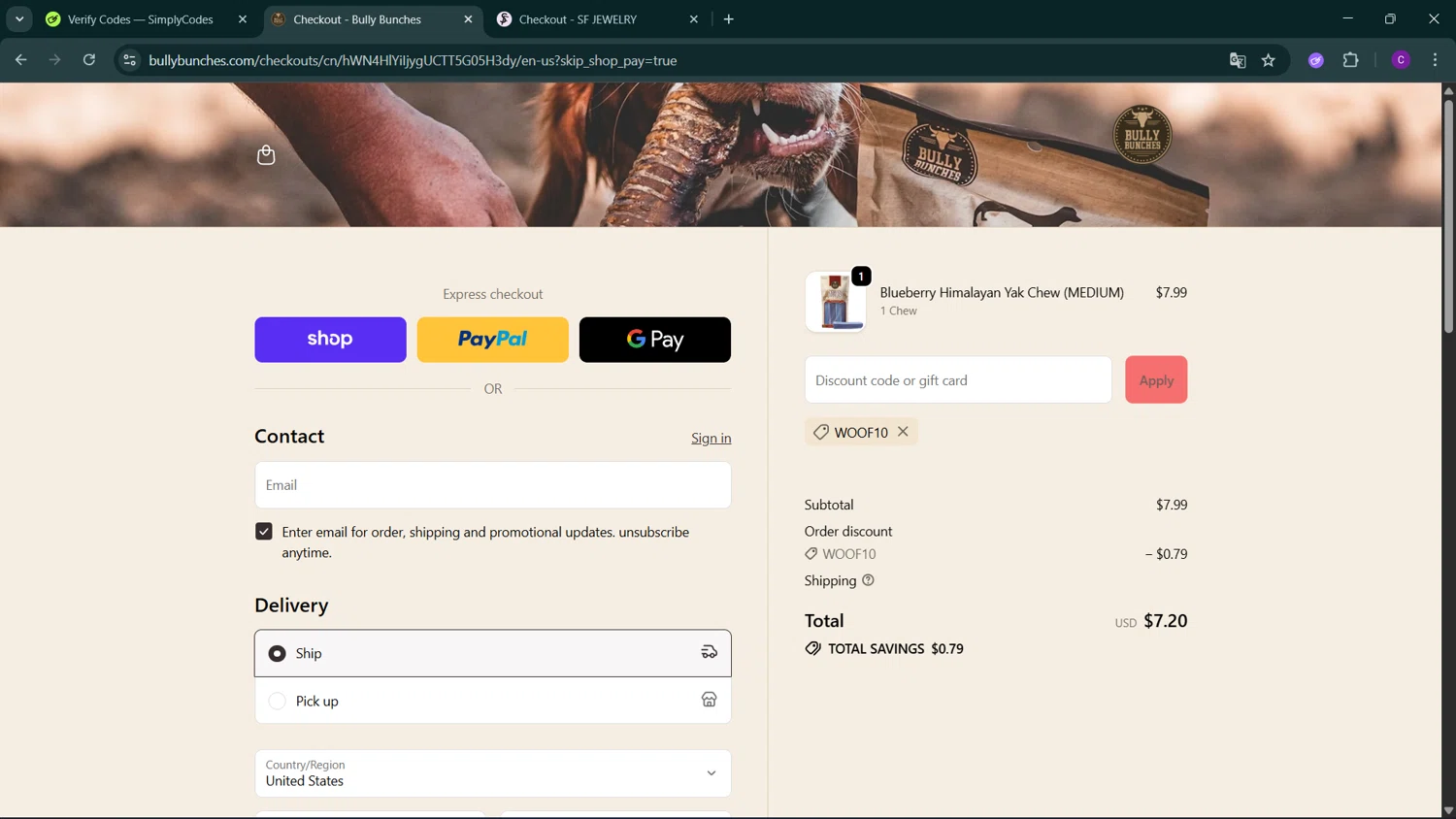 Bully Bunches discount code screenshot showing code WOOF10 applied at Bully Bunches checkout page. Uploaded by SimplyCodes community member GoldSeeker3096 on Oct 19, 2025