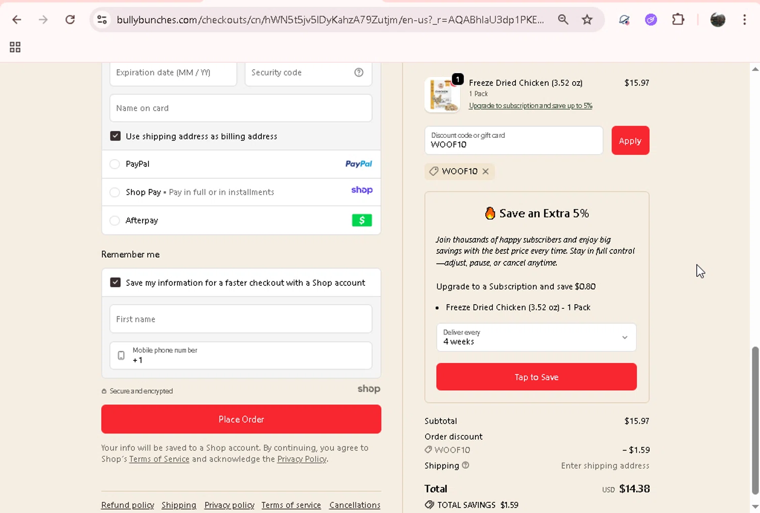 Bully Bunches discount code screenshot showing code WOOF10 applied at Bully Bunches checkout page. Uploaded by SimplyCodes community member onebullet on Nov 30, 2025