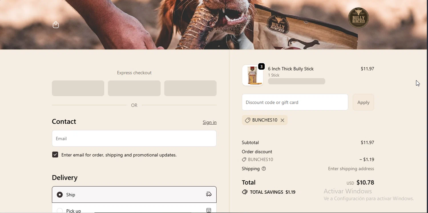 Bully Bunches discount code screenshot showing code BUNCHES10 applied at Bully Bunches checkout page. Uploaded by SimplyCodes community member CodeEagle1166 on Nov 30, 2025