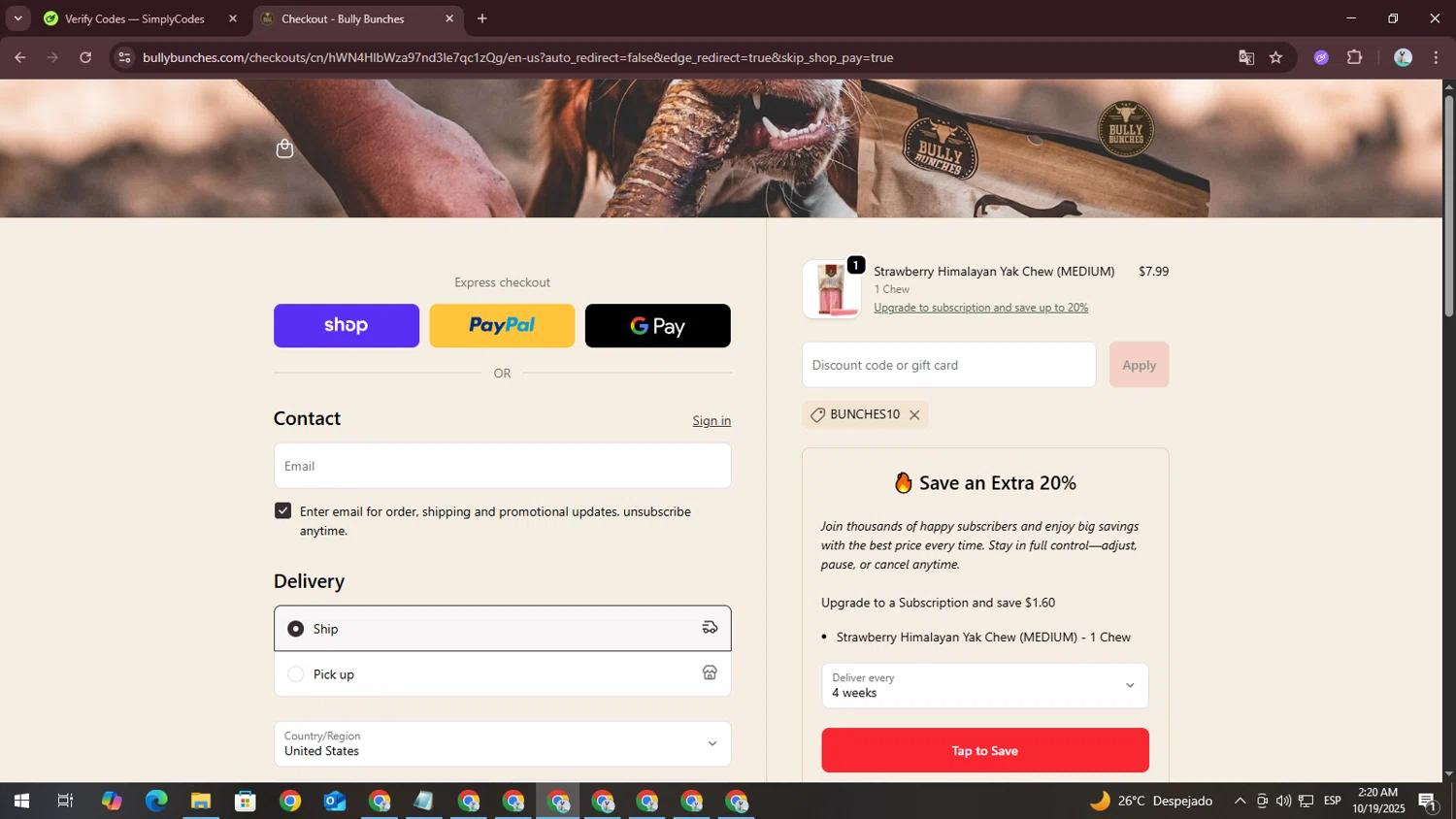 Bully Bunches discount code screenshot showing code BUNCHES10 applied at Bully Bunches checkout page. Uploaded by SimplyCodes community member DiscountSpotter1028 on Oct 19, 2025