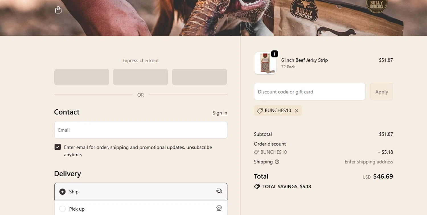 Bully Bunches discount code screenshot showing code BUNCHES10 applied at Bully Bunches checkout page. Uploaded by SimplyCodes community member YISUZZ on Oct 7, 2025