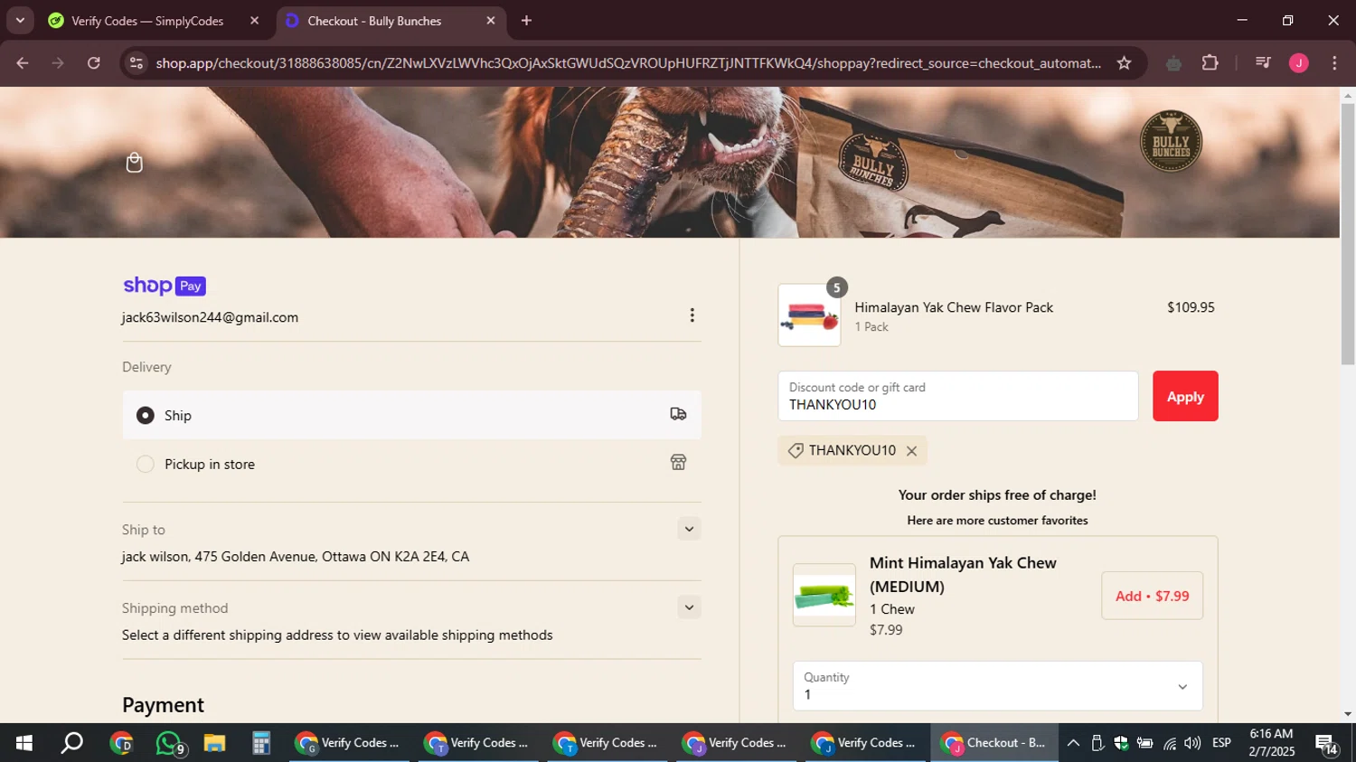 Bully Bunches discount code screenshot showing code THANKYOU10 applied at Bully Bunches checkout page. Uploaded by SimplyCodes community member JackWilson63 on Feb 7, 2025