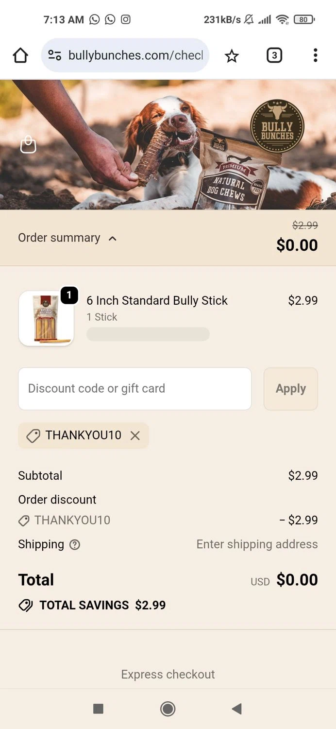 Bully Bunches discount code screenshot showing code THANKYOU10 applied at Bully Bunches checkout page. Uploaded by SimplyCodes community member Piolin on Nov 30, 2025
