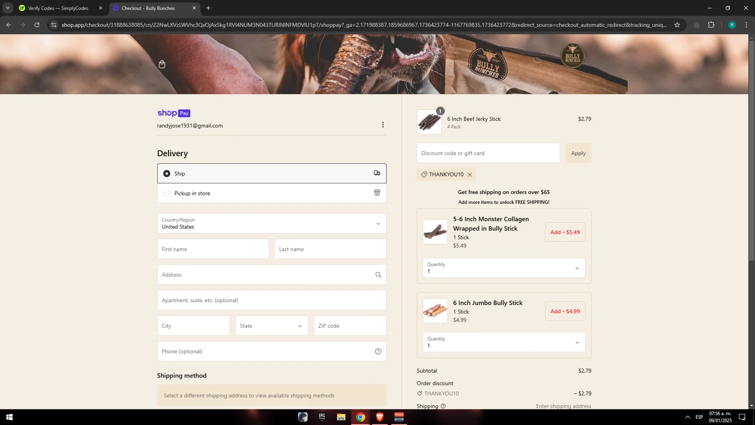 Bully Bunches discount code screenshot showing code THANKYOU10 applied at Bully Bunches checkout page. Uploaded by SimplyCodes community member Gatopan on Jan 9, 2025