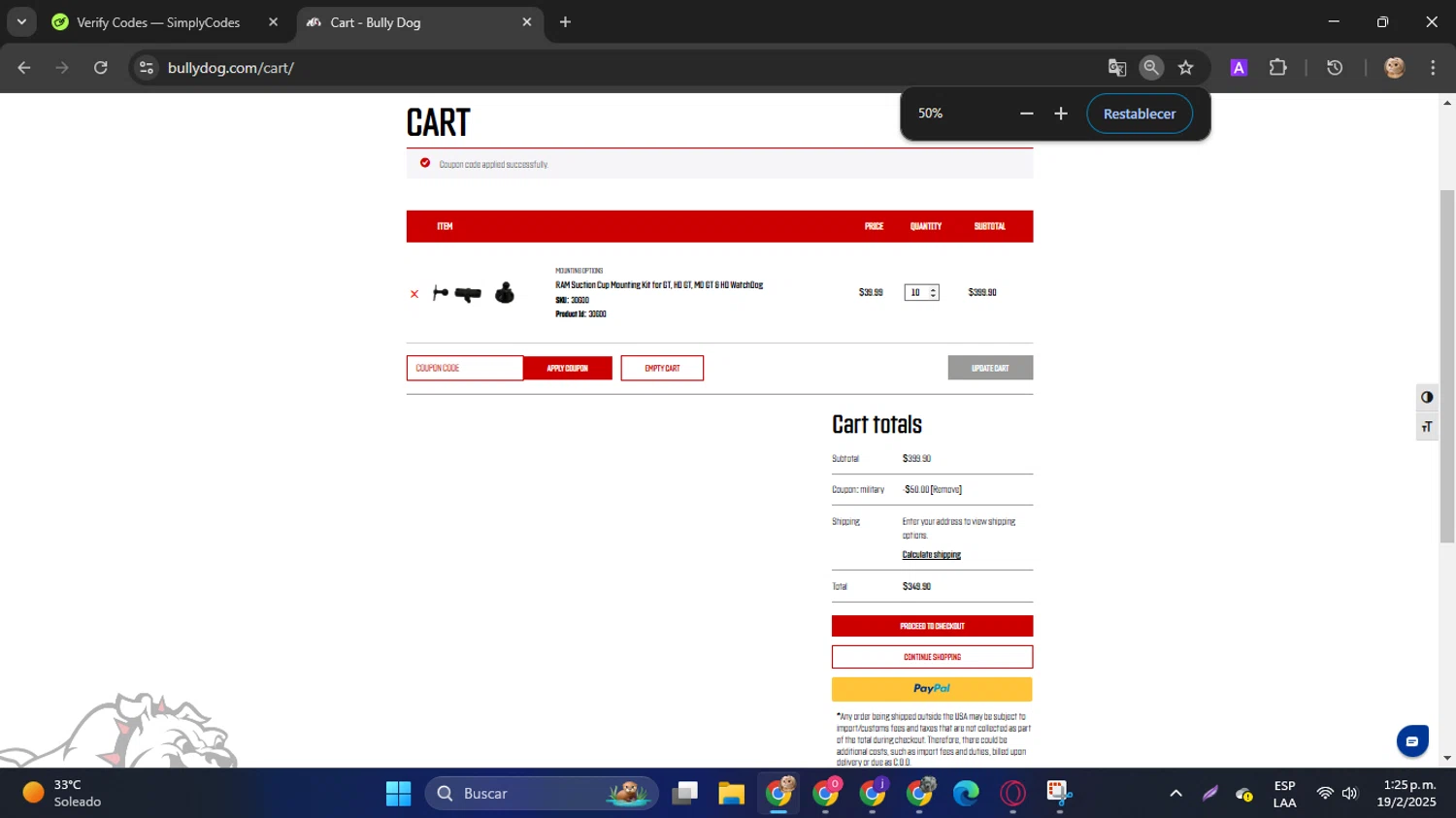 Bully Dog promo code screenshot showing code MILITARY applied at Bully Dog checkout page. Uploaded by SimplyCodes community member SwiftPilot741 on Feb 19, 2025