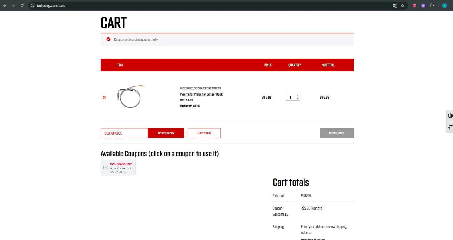 Bully Dog promo code screenshot showing code WELCOME10 applied at Bully Dog checkout page. Uploaded by SimplyCodes community member ValueTiger695 on Jun 22, 2025