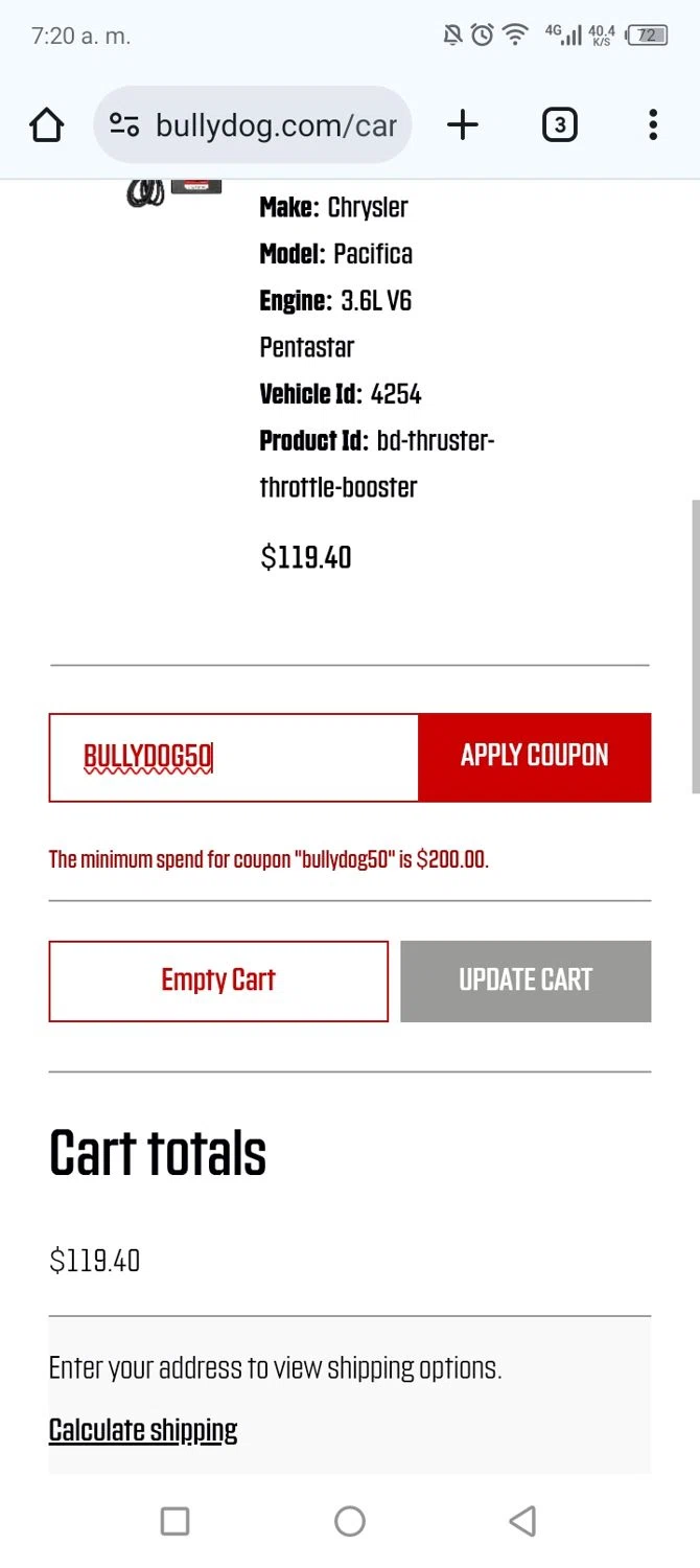 Bully Dog promo code screenshot showing code BULLYDOG50 applied at Bully Dog checkout page. Uploaded by SimplyCodes community member couponcheck02 on Nov 8, 2025
