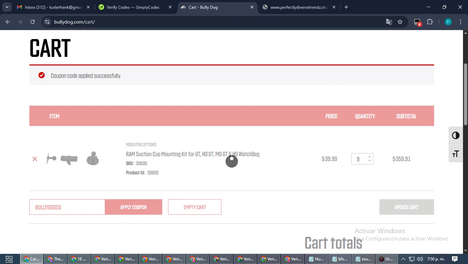 Bully Dog promo code screenshot showing code BULLYDOG50 applied at Bully Dog checkout page. Uploaded by SimplyCodes community member ShrewdTitan3233 on Oct 9, 2025