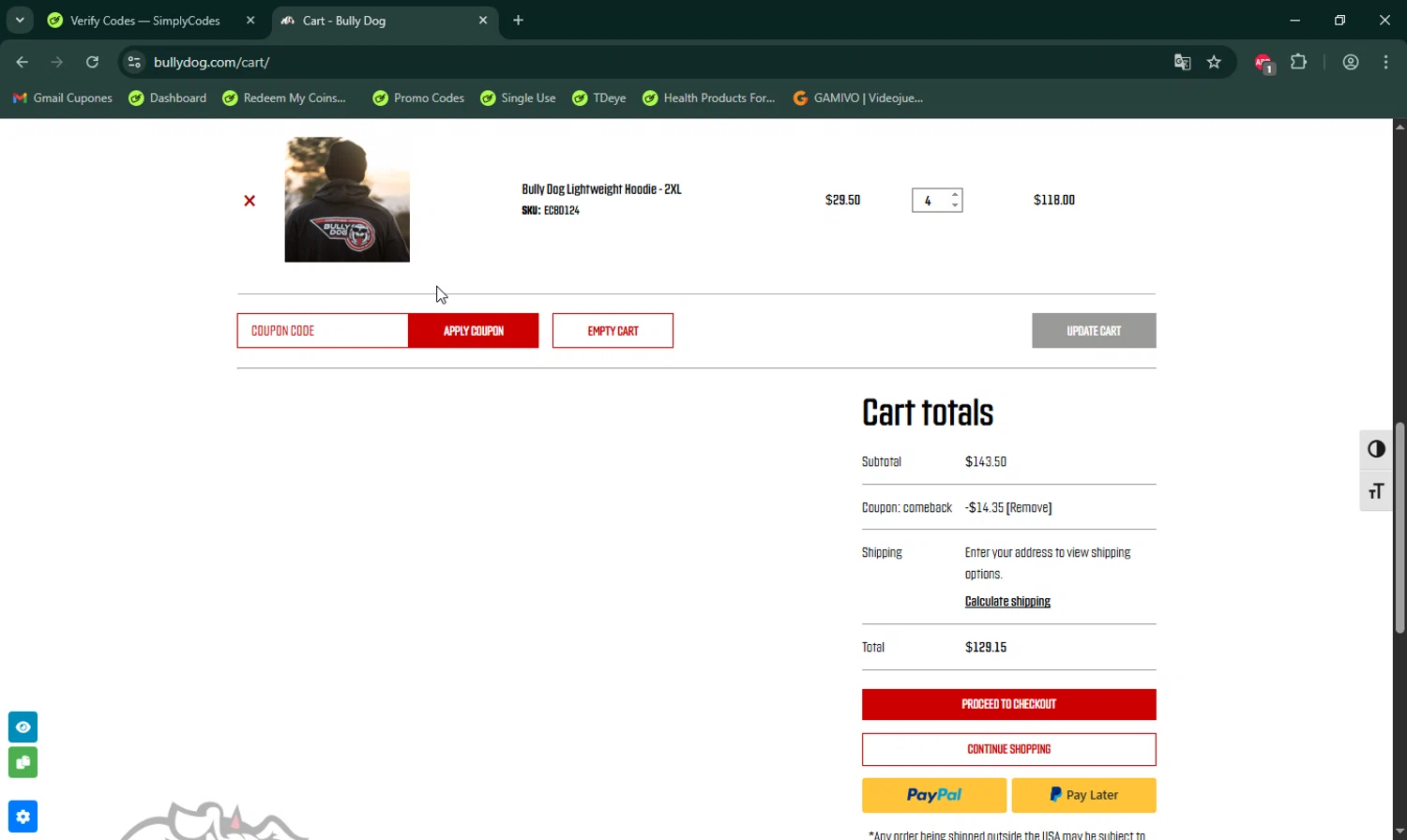 Bully Dog promo code screenshot showing code COMEBACK applied at Bully Dog checkout page. Uploaded by SimplyCodes community member LHaunter on Dec 7, 2025