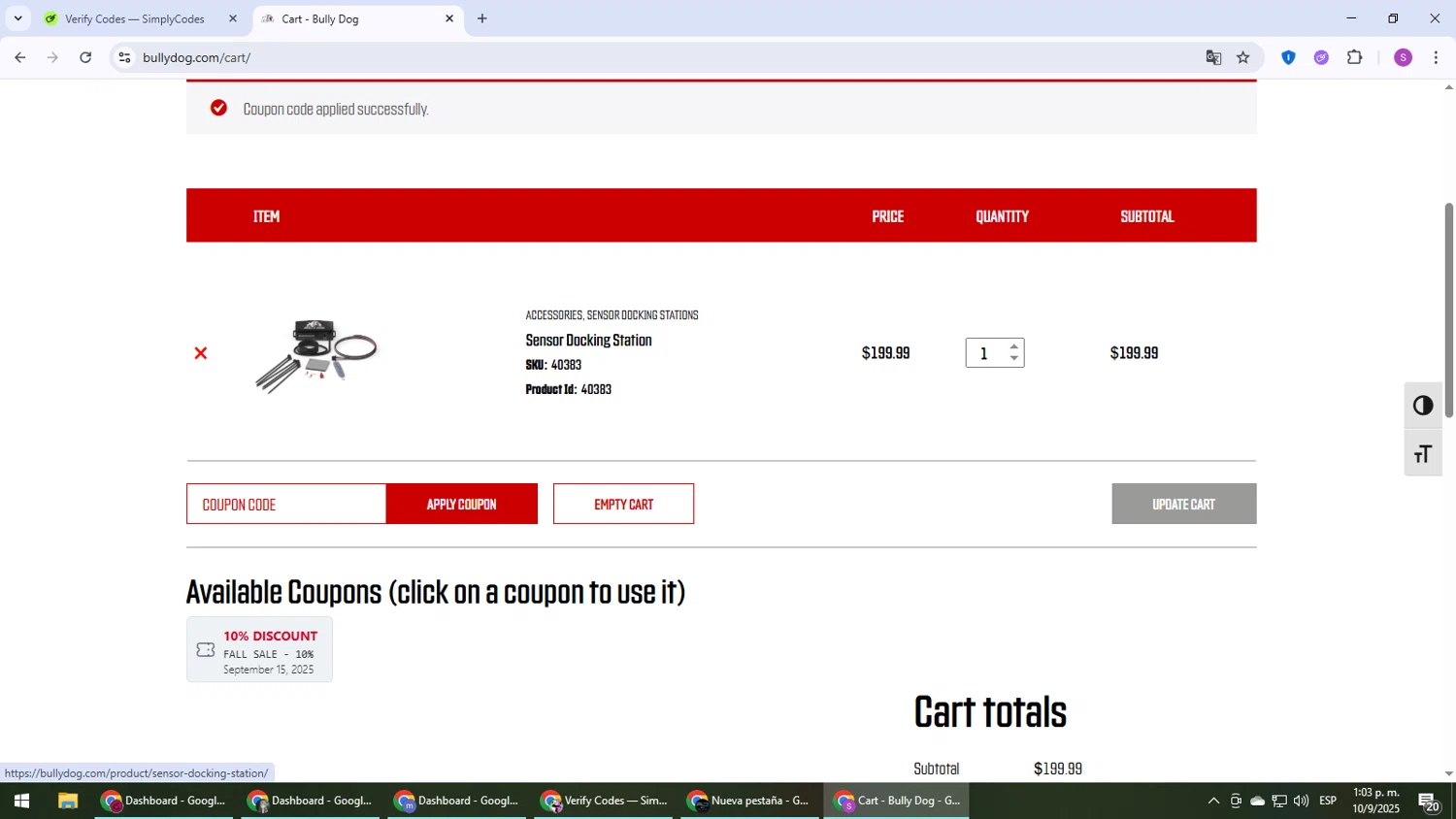 Bully Dog promo code screenshot showing code COMEBACK applied at Bully Dog checkout page. Uploaded by SimplyCodes community member Son_Goku on Sep 10, 2025