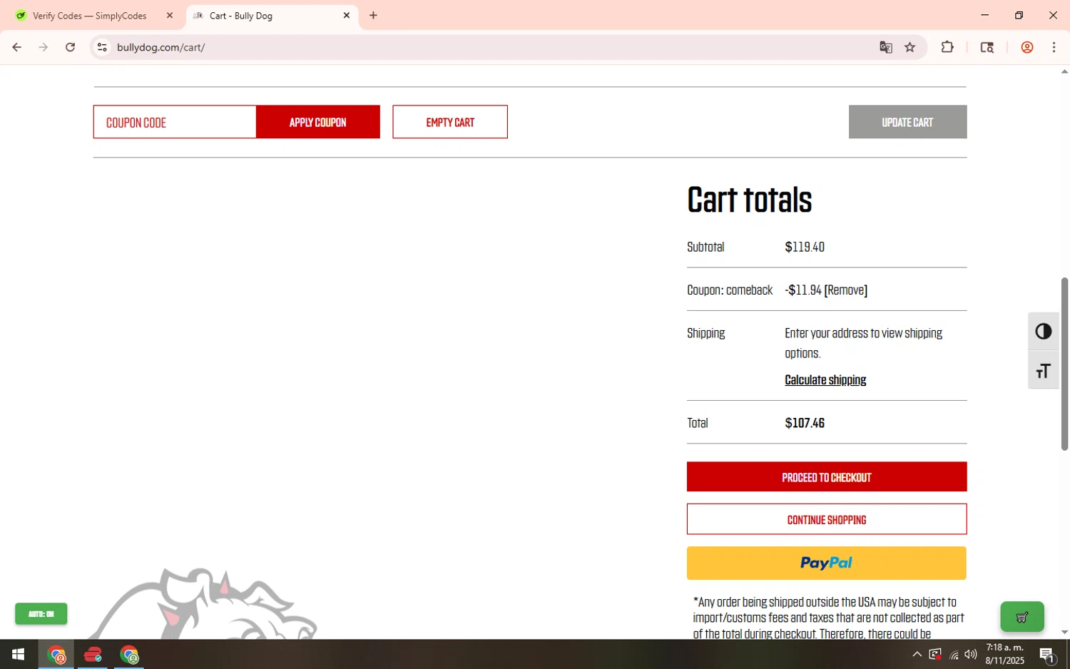 Bully Dog promo code screenshot showing code COMEBACK applied at Bully Dog checkout page. Uploaded by SimplyCodes community member lareinadecupones on Nov 8, 2025