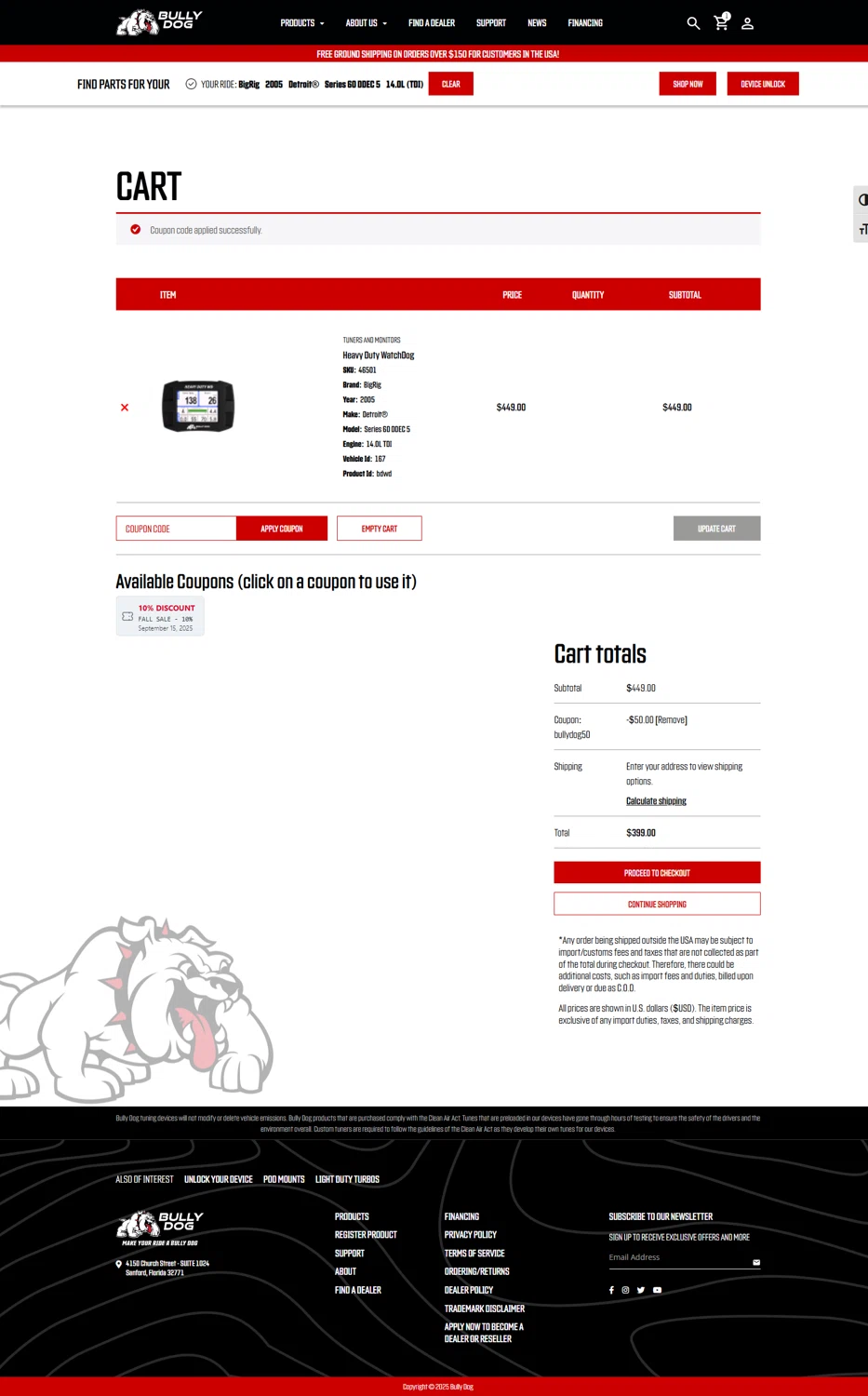 Bully Dog promo code screenshot showing code BULLYDOG50 applied at Bully Dog checkout page. Uploaded by SimplyCodes community member Serdanvz on Sep 10, 2025