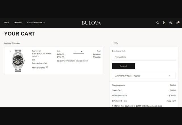 Bulova checkout page showing Bulova promo code box | Screenshot taken by SimplyCodes community member on Apr 25, 2022