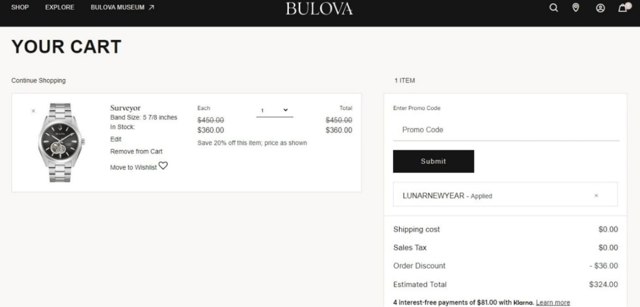 Bulova checkout page showing Bulova promo code box | Screenshot taken by SimplyCodes community member on Jun 4, 2022