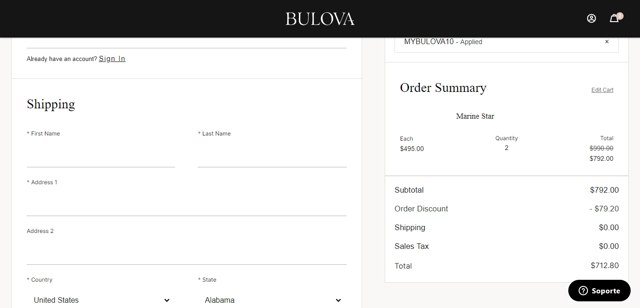 Bulova checkout page showing Bulova promo code box | Screenshot taken by SimplyCodes community member on Aug 10, 2022