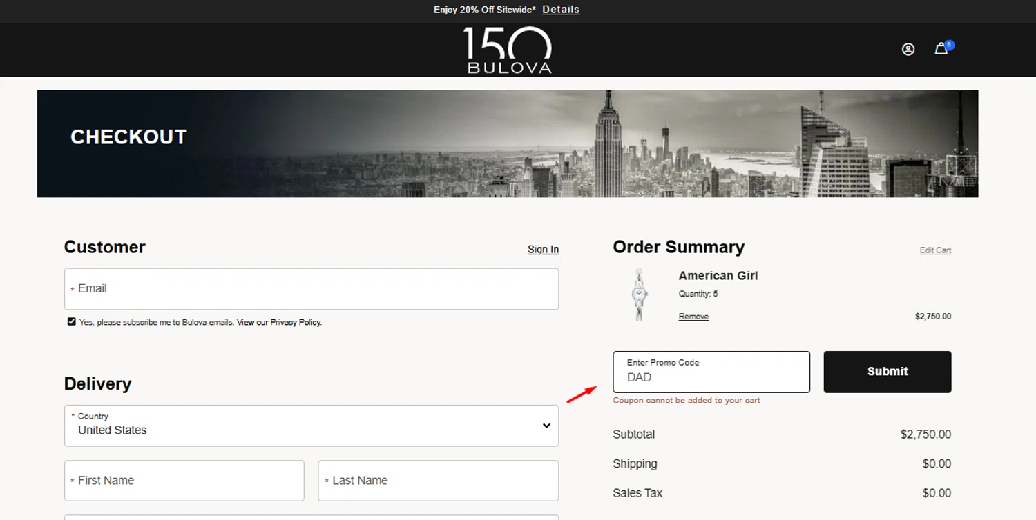 Bulova promo code screenshot showing code DAD applied at Bulova checkout page. Uploaded by SimplyCodes community member ManuelF on Jun 30, 2025