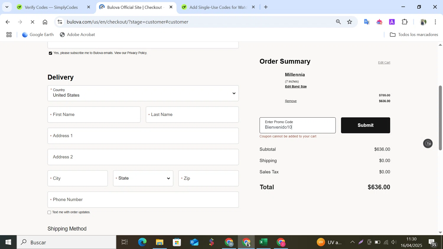 Bulova promo code screenshot showing code Bienvenido10 applied at Bulova checkout page. Uploaded by SimplyCodes community member NobleMonarch5837 on Apr 16, 2025