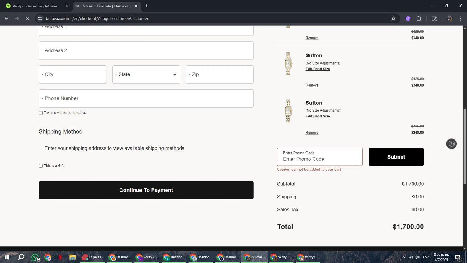 Bulova promo code screenshot showing code Bienvenido10 applied at Bulova checkout page. Uploaded by SimplyCodes community member xxdddd on Jul 5, 2025
