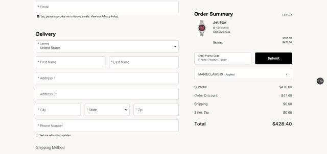 Bulova checkout page showing Bulova promo code box | Screenshot taken by SimplyCodes community member on Mar 23, 2025