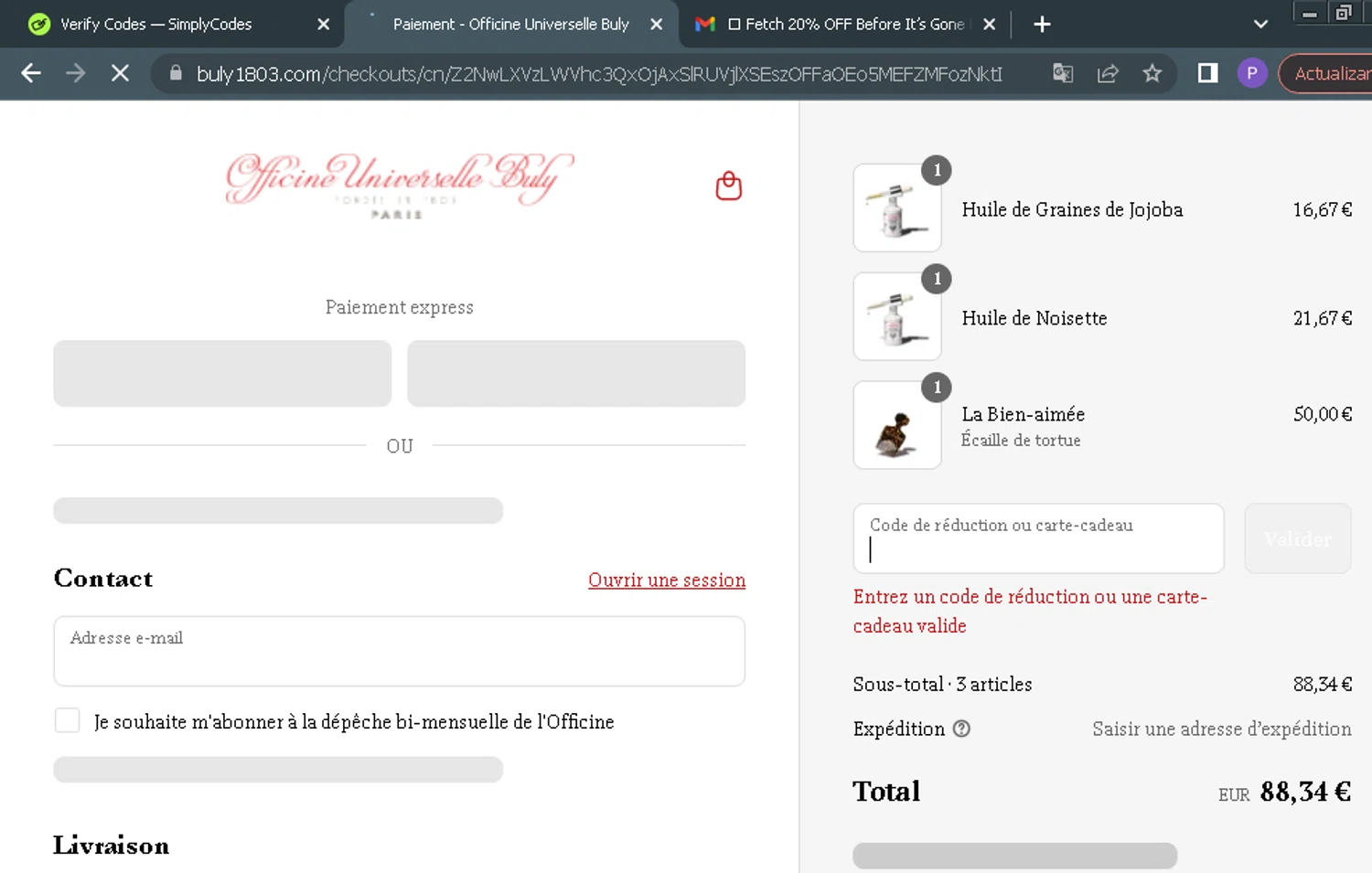 Buly 1803 promo code screenshot showing code SPRING40 applied at Buly 1803 checkout page. Uploaded by SimplyCodes community member ParisSmith on May 9, 2025