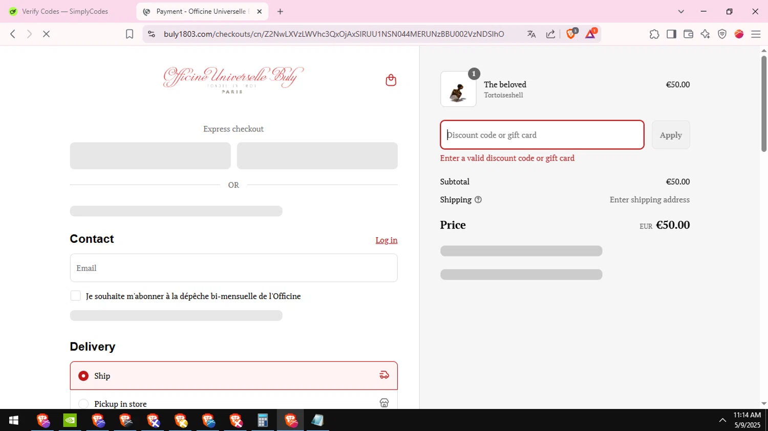 Buly 1803 promo code screenshot showing code SPRING40 applied at Buly 1803 checkout page. Uploaded by SimplyCodes community member ValueFox5508 on May 9, 2025