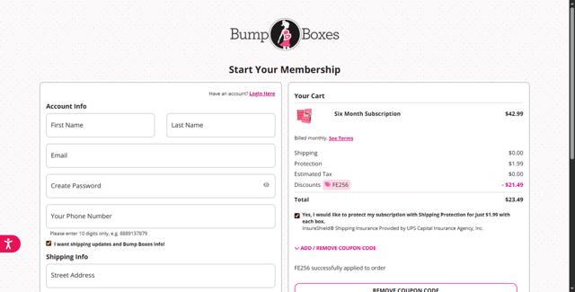 BumpBoxes checkout page showing BumpBoxes promo code box | Screenshot taken by SimplyCodes community member on Aug 23, 2025