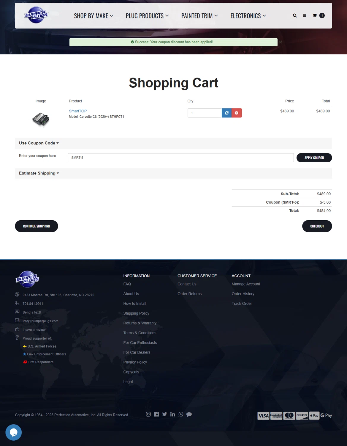 BumperPlugs.com coupon code screenshot showing code SMRT-5 applied at BumperPlugs.com checkout page. Uploaded by SimplyCodes community member Chrisyks on Oct 10, 2025